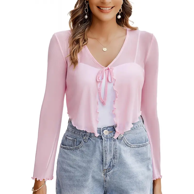 Women's Sheer Mesh Bolero Cardigan - Tie Front, Long Bell Sleeves, Breathable, Lightweight Sun-Protective Short Shawl Top for Summer Casual Wear, Cardigans, Bathing, Long Sleeve, Suit, Sheer Look