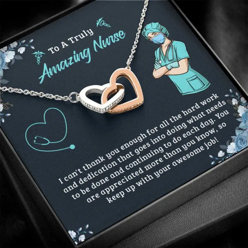 Nurse Week, Interlocking Hearts Nurse Appreciation Necklace Gift / Dark Gift Necklace for Nurse Graduation, Practitioner, Retirement LPN, RN, Necklace With Meaningful Message Card Inside