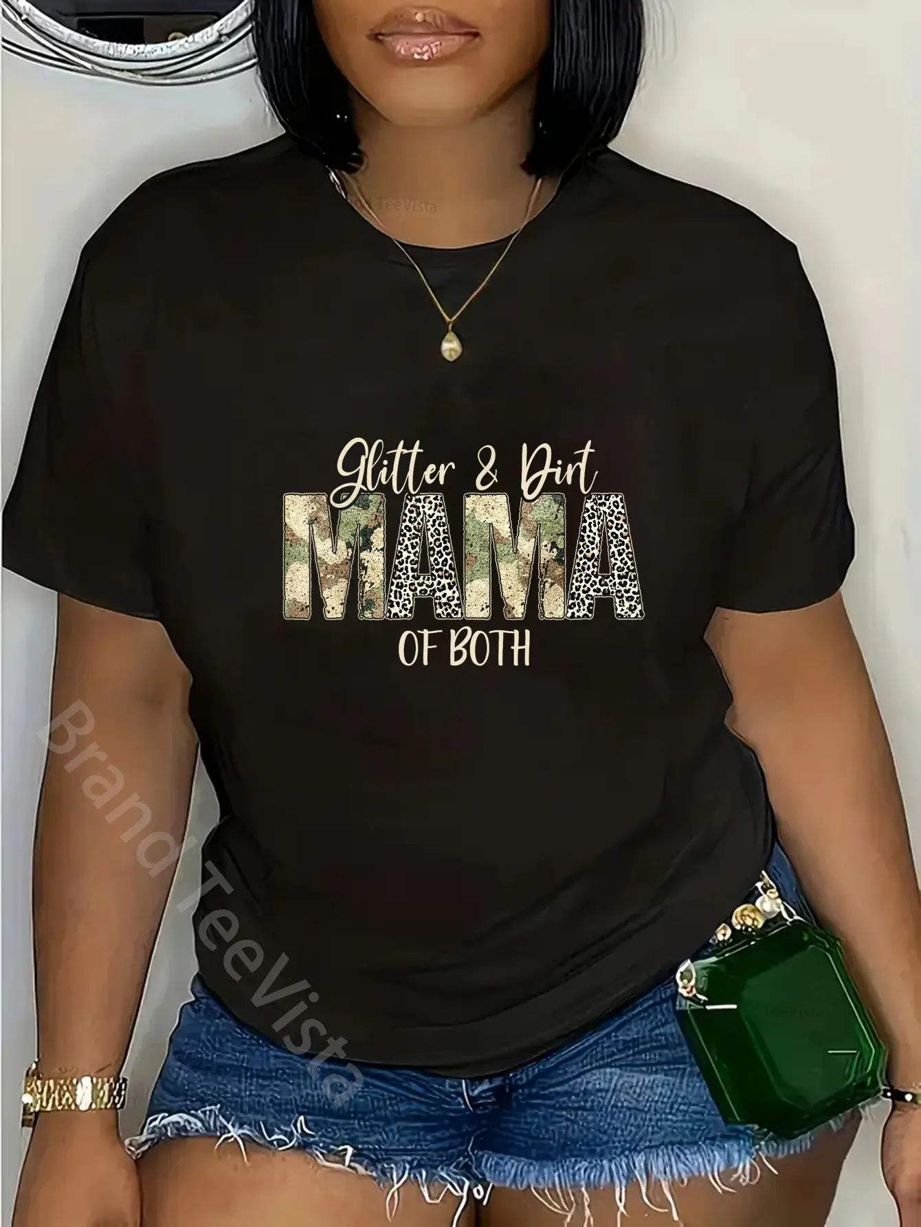 Women's Casual Graphic T-Shirt, 100% Cotton Short Sleeve Top for Moms with Funny "Glitter & Dirt Mama of Both" Leopard & Camo Print, Mother's Day Gift