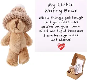 TOYMIS 1 Set Mini Plush Worry Bear with A Hat, Handmade Positive Small Plush Bear in A Box with Encouragement Little Card Inspirational Support Easter Egg Toy for Family Friend Coworkers Gift