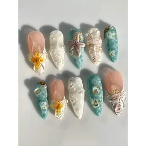 10pcs Set Almond Shape Handcrafted 3D Ocean Summer Floral Decor Nails – Featuring Starfish, Pearl, Seashell, Perfect for Everyday Wear