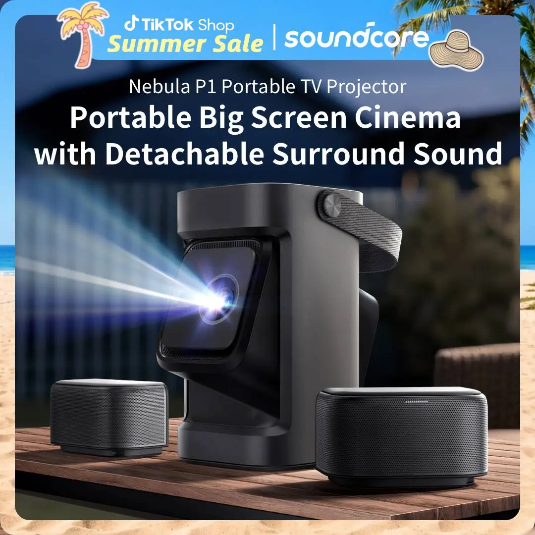 Nebula P1 Portable GTV Projector with Detachable Speakers, 650 ANSI Lumens, 1080P, 20W Truly 2.0 Surround Sound, Dolby Audio, Built-In Gimbal, Auto Adjustment, 180" Big Screen, Carry Handle #tiktokshopsummersale, 180" Max Projection, Ultra Hd Portable Pro