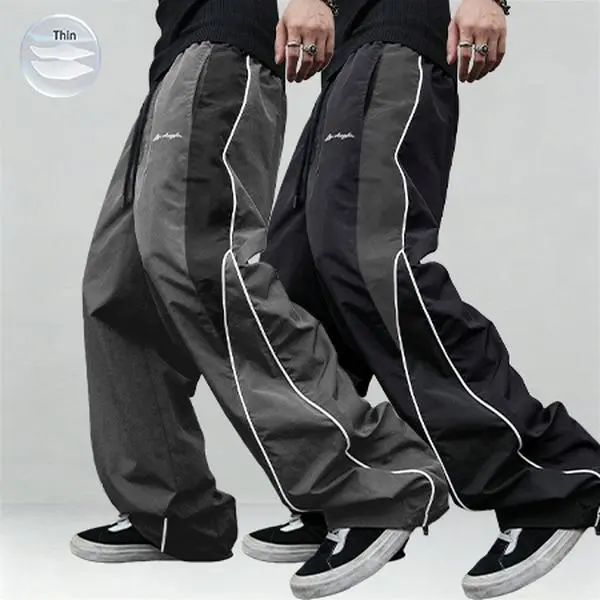 Men's Embroidered Color-Block Track Pants with Side Stripes, Loose Fit Straight Leg Polyester Clothing with Drawstring for Casual Gym Stuff, Mens Clothing, Gym Fits, Clothes, Men's Pants, Athletic Bottoms, Straight Leg Cut, Sporty Chic, Colorblock, Men's
