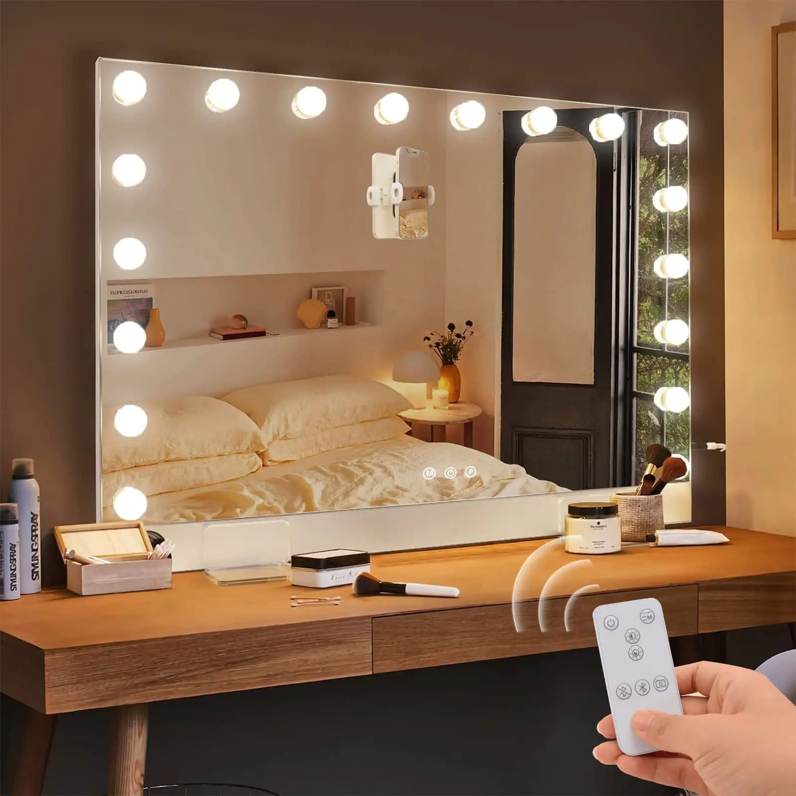 31.5"x22.8" Hollywood Vanity Mirror with Lights, 18 LED Bulbs, Ultrathin 0.6" Aluminum Alloy Frame, Smart Touch & Remote Control, 10X Magnification, Magnetic Phone Holder, Type-C Charging, Tabletop & Wall Mount, White+Silver, Glass+Acrylic