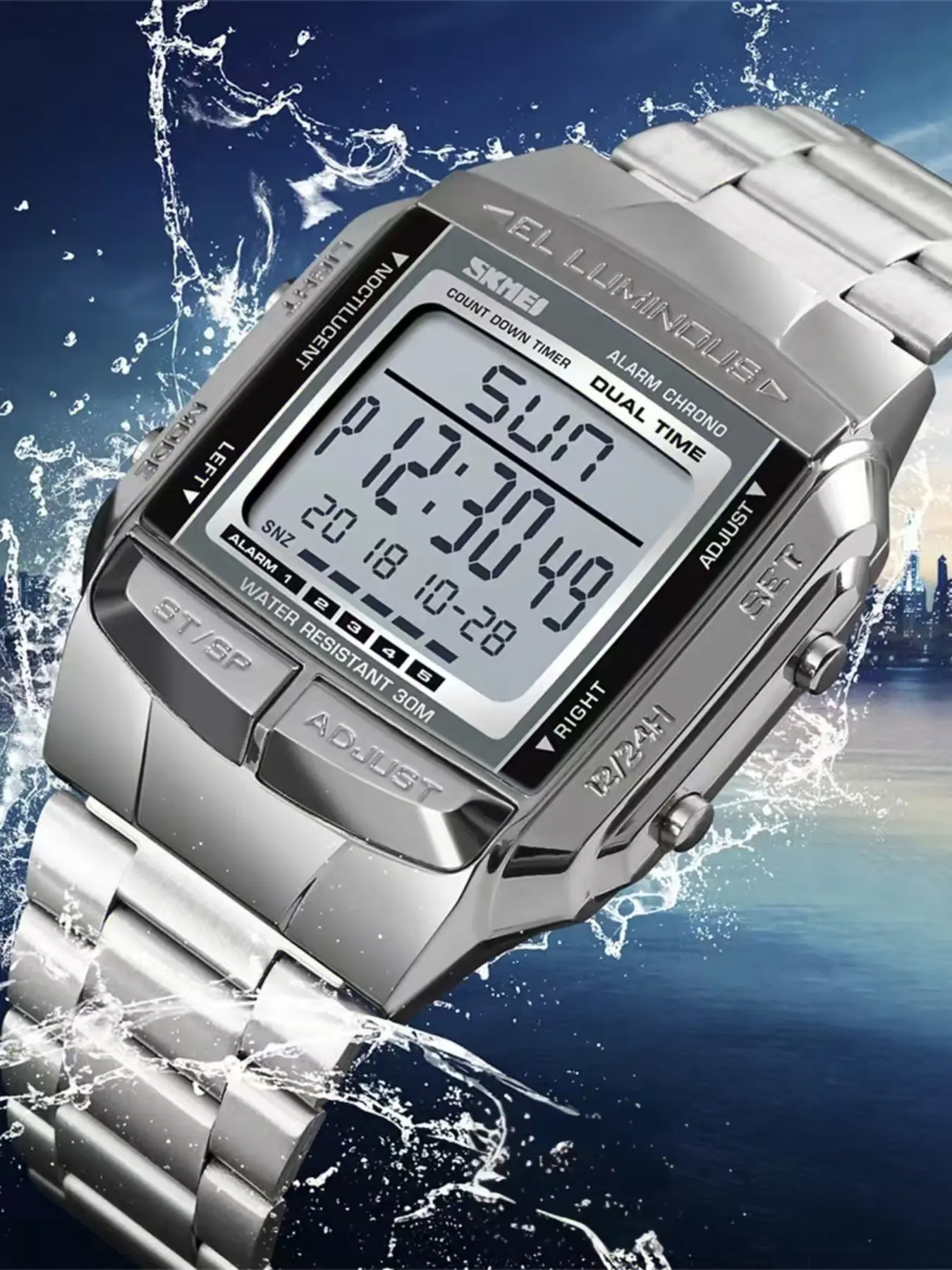 Skmei Digital Watch Stainless Steel Waterproof 30m, Men's Electronic Large Dial Single Display Alarm, Casual Style for All Seasons, Fashionable Digital Watch, Stainless Steel Wristwatch, Casual Fashion Watch, Modern Watches, Modern Waterproof Watch