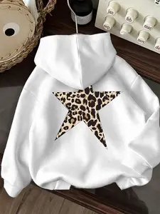 Women's Leopard Print Star Long Sleeve Loose Hoodie, Soft Fleece Fabric, Casual Streetwear Pullover Hooded Sweatshirt, Sky Blue Dark Green Red Navy White Pink Beige Black Available, Womenswear
