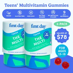 2-PACK First Day Teens Multivitamin Gummies for Ages 12-17 - Organic Fruit & Veggie Blend + Vitamins A, B1, B2, B6, E, B12, C, D3 & K2, Zinc & Folate Teen Boy and Teen Girl Gummies Supplement - 60-Day Supply