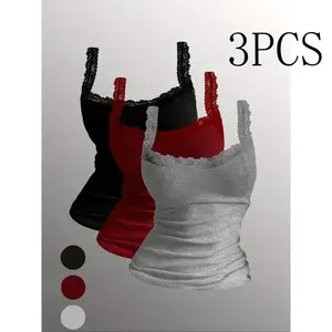 3-Pack Women's Contrast Lace Tank Top, Casual Comfy Breathable Sleeveless Top, Ladies Clothing for All Seasons
