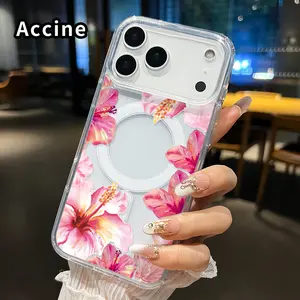 Magnetic Soft Case for iPhone 17 Pro Max 17 Air Blossoming Hibiscus Grace Pattern Anti-Yellowing Shockproof ultra-thin Silicone Crystal Transparent Acrylic Large Hole Cover Supports Wireless Charging Smartphone Safety Casing