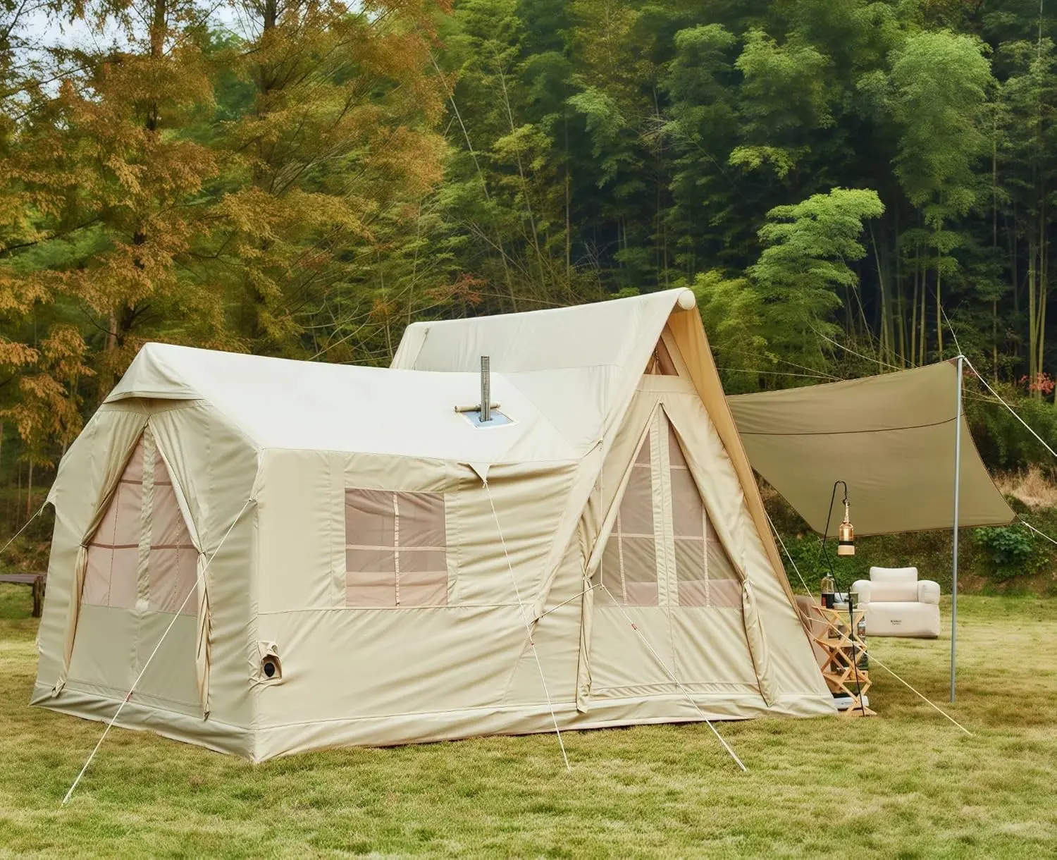 Inflatable Camping Tent, 4-12 Person 4 Season Quick Setup Air Shelter with Pump, Stove Jack, TPU Skylight, Detachable Canopy, 600D Oxford Weather Resistant Design for Family Camping