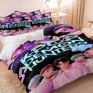 K-pop Idol Group Anime Duvet Cover Set, 1 Duvet Cover + 1/2 Pillowcases, No Core, Cool Black Background Print with Dual Groups & Neon Music Notes, Soft Cozy Breathable All-Season Bedding for Teens & K-pop Fans Bedroom & Dorm Decor