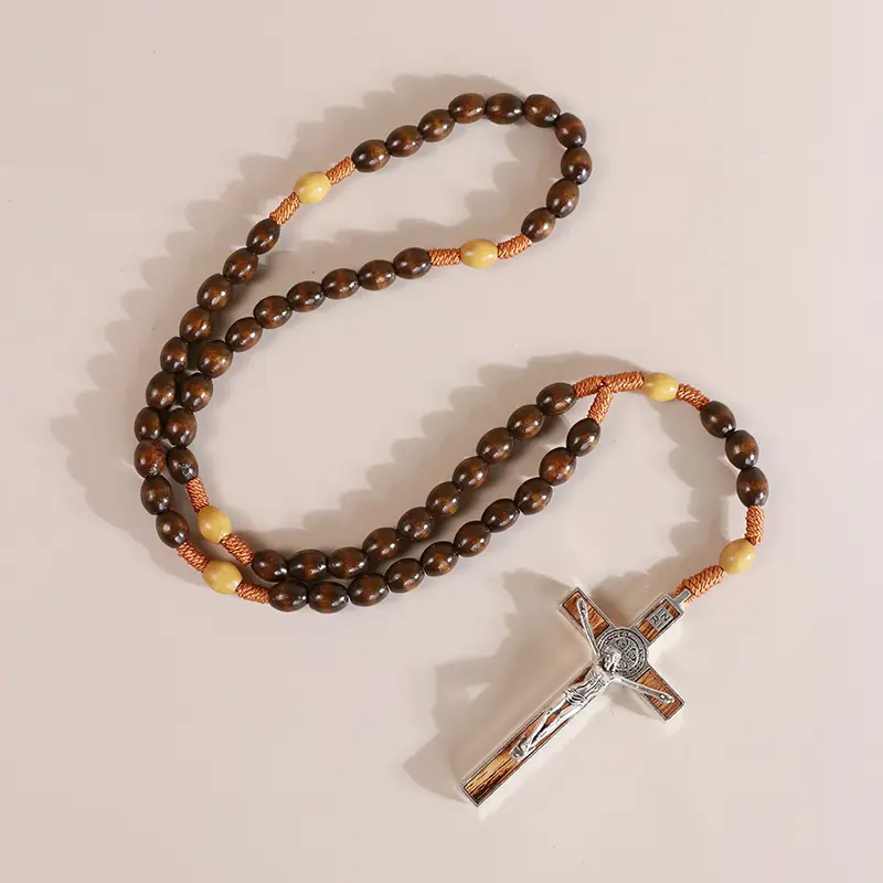 Classic Wooden Rosary Beads Necklace - Handmade Catholic Spiritual Jewelry for Men, Faith-Based Fashion Accessory with 3" Large Metal Saint Benedict Medal Cross, Handmade Necklace