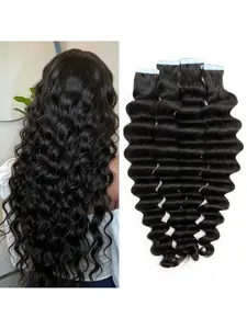 Tape in Human Hair Extensions Loose Deep Wave Glue on Curly hair extensions Human Hair For Women 16-30inch 50g/20pcs Full Head Seamless Skin Weft Tape Ins Natural Black Hair Piece #1B LDW Wavy Human Hair