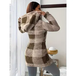 Women's Reversible Plush Cardigan, Plaid Pattern Hooded Zip-Up Jacket for Autumn and Winter Casual Wear