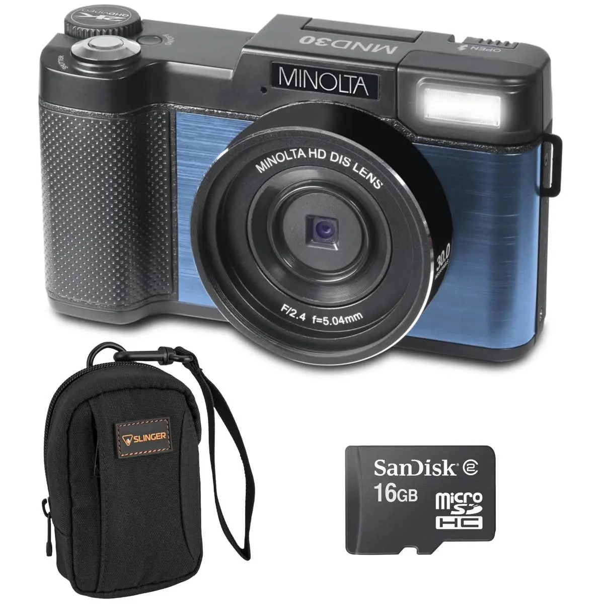Minolta MND30 30MP 2.7K QHD 3.0" LCD Screen Digital Camera, Blue, With micro SD Card and Slinger Camera Bag