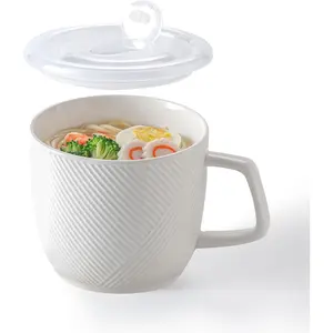 Ceramic Soup Bowl with Lid & Handle: 32 oz Microwave Safe Food Container for Ramen Noodles Cereal Leftovers - Extra Large Mugs for Breakfast Lunch Picnic Camping - White, Set of 1