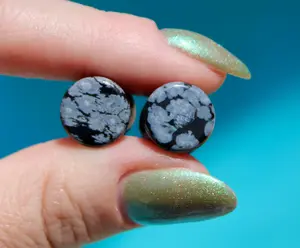 Genuine Polished Snowflake Obsidian Black and Gray Double Flare Protective Stone Pair, Root Chakra & Sacral Chakra Jewelry, 3mm-32mm Natural Crystal Earrings