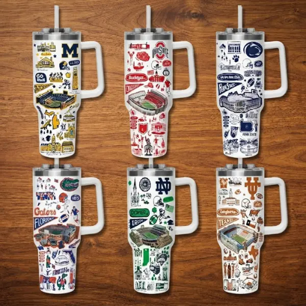 College Football Graphic Tumbler, Vintage Sports Design Travel Cup, Insulated Drinkware with Lid, Reusable Cup for Football Fans