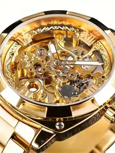 Men's Mechanical Watch, Golden Color Alloy Case, Round Analog Dial, Business Casual Style, Buckle Closure, All Seasons Wear, Mechanical Style Watches, Mechanical Wristwatches