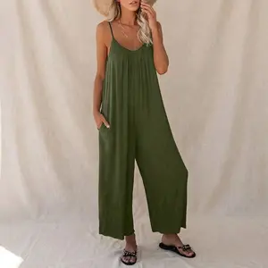 Casual Loose Fit Jumpsuit for Women – Sleeveless Spaghetti Strap Wide Leg Pants with Pockets – Comfortable for Travel & Street Style – 2026 Trending Breathable Oversized
