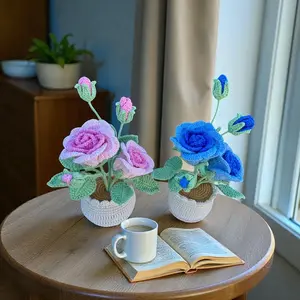 Handmade Crochet  Flowers in Pot Home Decor - 9x7x6 Cotton Yarn, Natural & Eco-Friendly, Soft and Breathable, Sustainable Home Decor artificial plants Decorative