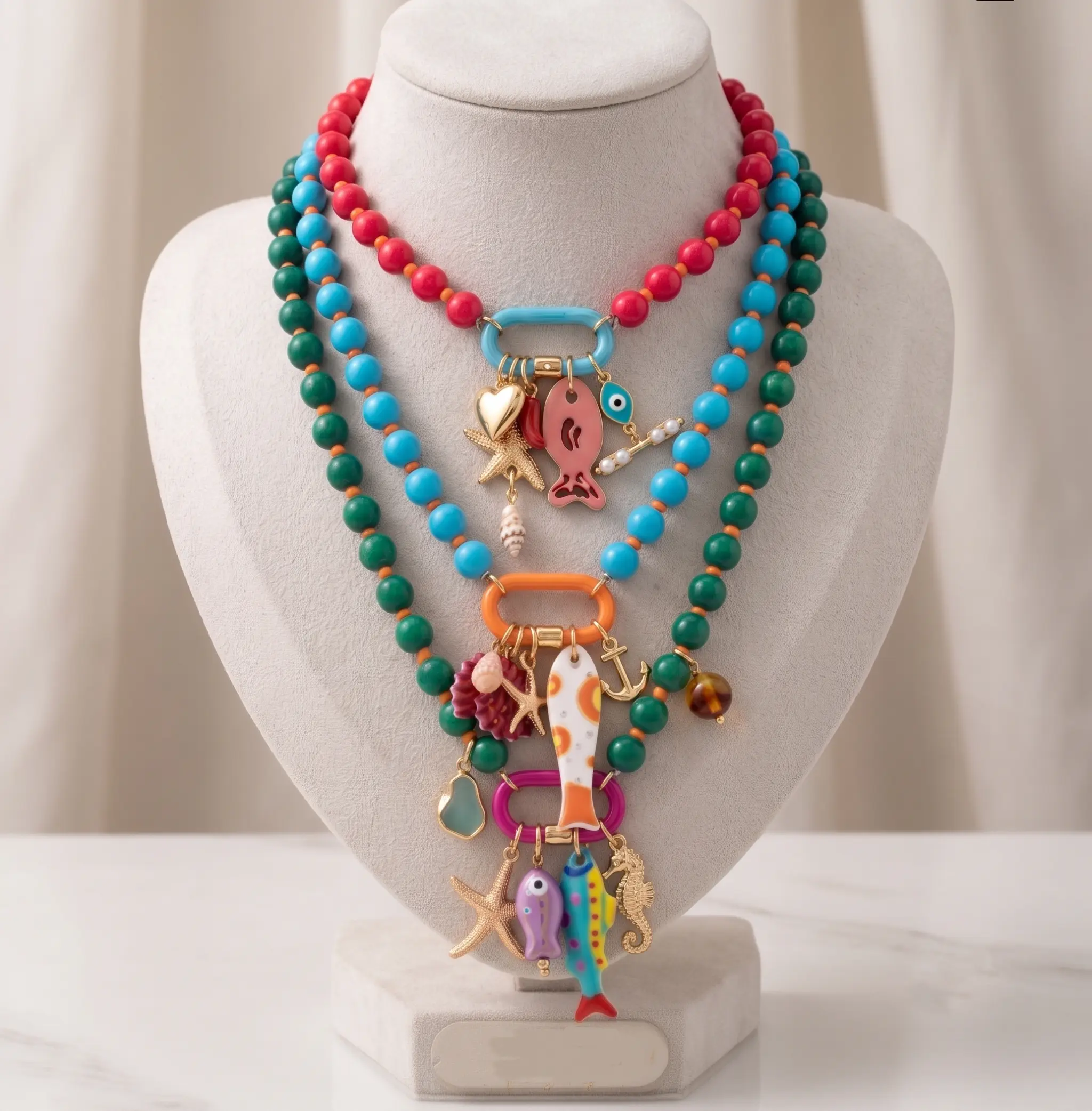 3Pcs Layered Resin Bead Necklace Set for Women – Tropical Ocean Fish, Starfish & Shell Charms, Boho Dopamine Colorful Jewelry for Beach, Pool Party, Casual Holiday – Perfect Gift for Her