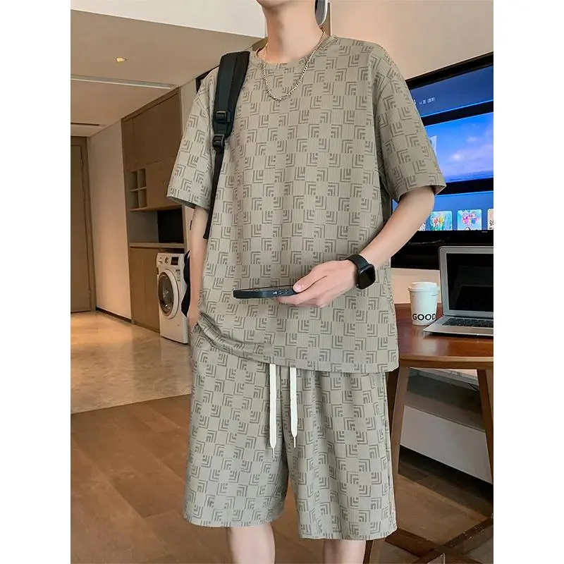 Men's Casual 2-Piece Loungewear Set - Loose Fit Short Sleeve T-Shirt & Cropped Pants, Polyester Blend Oversize Summer Menswear, Plus Sizes M-8XL, Stylish Relaxed Look Mens Clothing, 5–Xl.