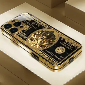 Cool And Domineering Lion And Dollar Pattern Gold Electroplated Glass Anti-Drop Phone Case,for iPhone 17 Pro Max Phone Case 17 Air 16E 16 Pro Max 15 Pro Max 15 Plus 14 Plus 13 12 11 Phone Cases