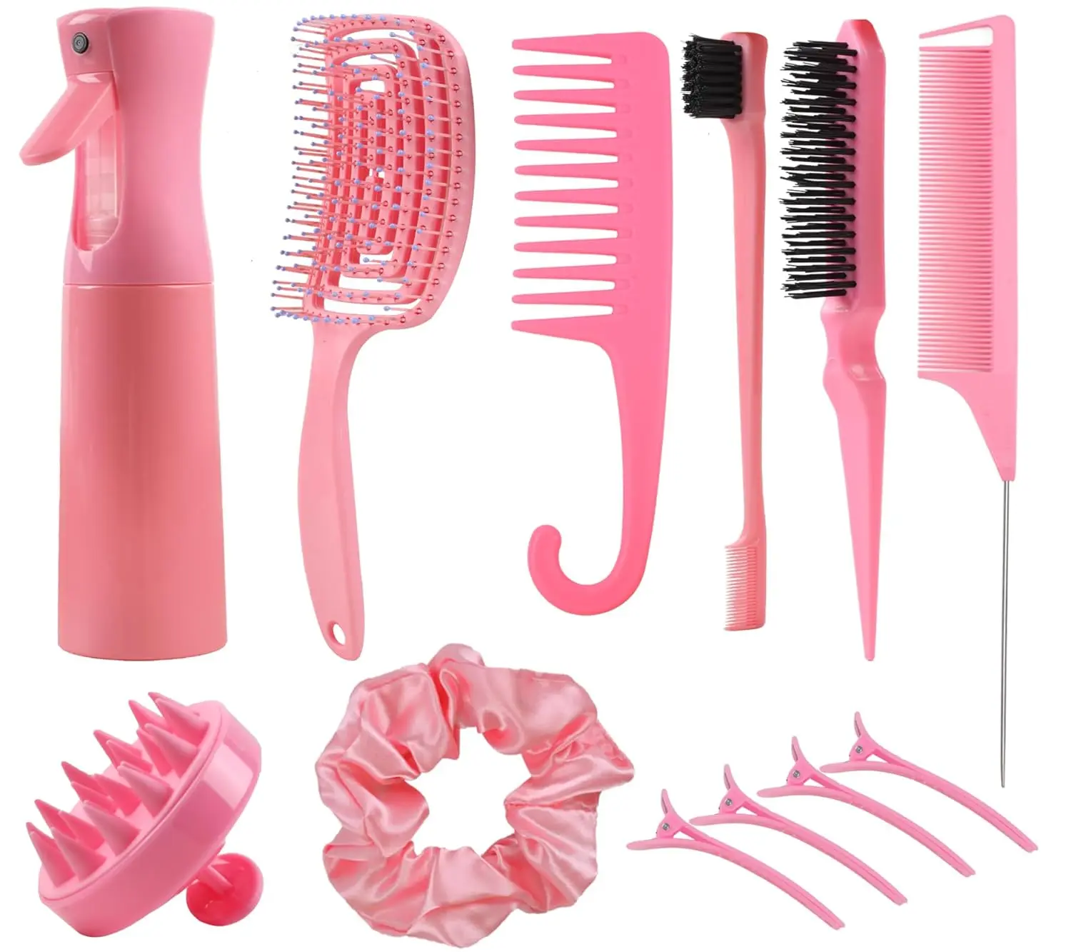 12 Pcs Hair Brush Set with Detangler Brush, Scalp Massager, Hair Spray Bottle, Bristle Comb for Wet & Dry Curly Hair, Hair Styling Tools for Women & Girls (Pink, Purple)