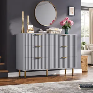Grey Fluted 6 Drawer Dresser for Bedroom,47.2 in Wide Modern Chest of Drawers with Deep Drawers,Large Double Dresser TV Stand,Wooden Organizer for Living Room,Hallway,Kids Room