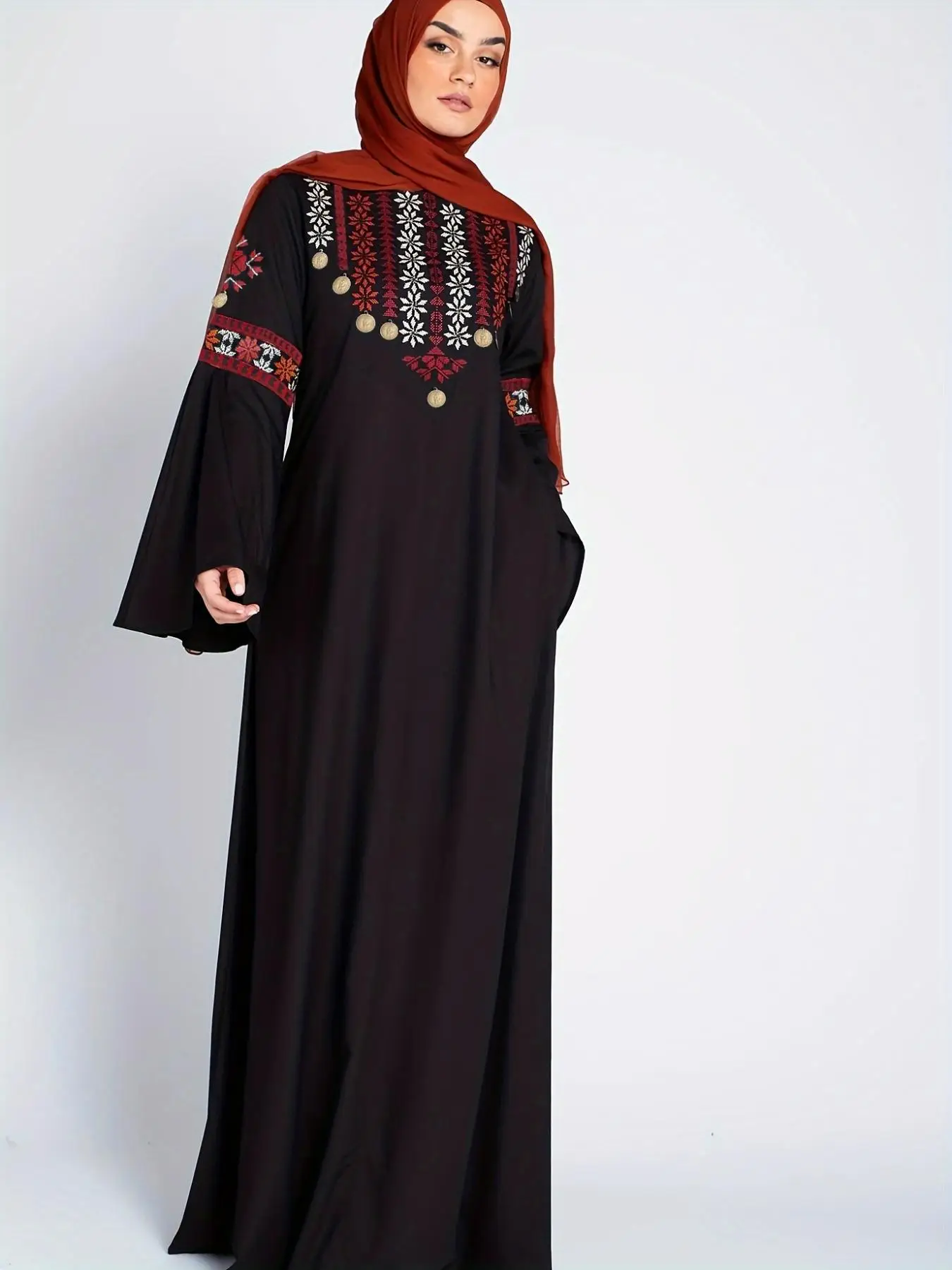 Women's Ethnic Pattern Embroidery Flounce Sleeve Abaya, Modest Long Sleeve Round Neck Maxi Muslim Dress for Daily Wear, Abayas for Women, Ladies Islam