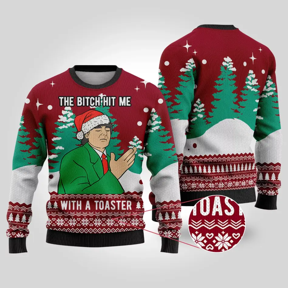 Funny Ugly Christmas Sweater – “The B*tch Hit Me With a Toaster” Meme Holiday Knit Pullover | Hilarious Xmas Gift for Men
