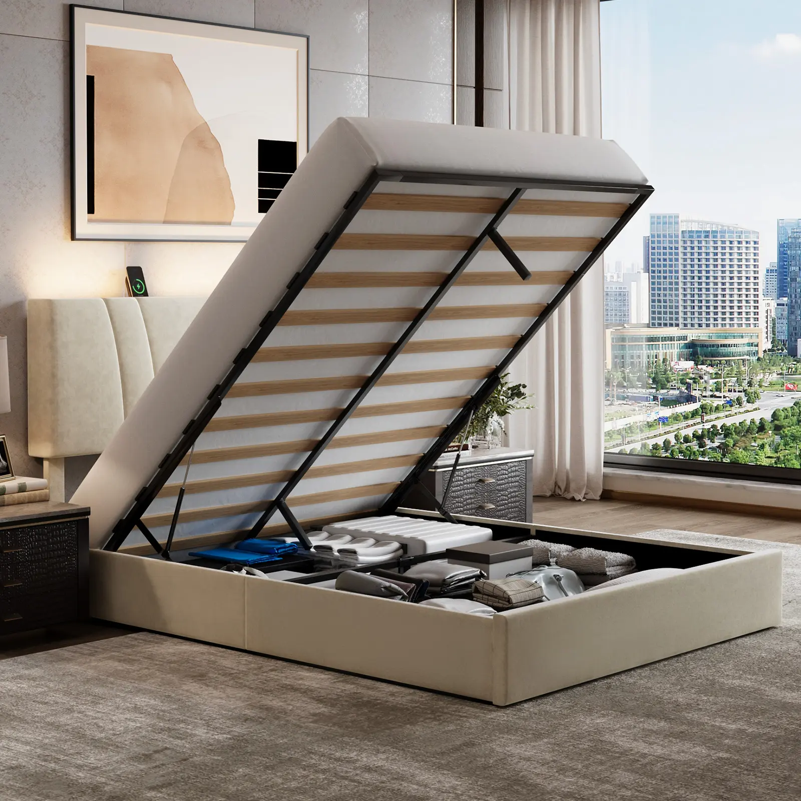 Avenco Lift Up Storage Bed Frame with Charging Station & LED Light, Upholstered Platform Bed with Hydraulic Lift, 3-Level Adjustable Headboard, No Box Spring Needed, Full Queen King, Bed Frame With Storage, Upholstered Bed Frames