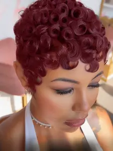 short brown burgundy  natural black color curly pixie wig 150% Denisty pixie cut human hair wigs for women daily party cosplay use wig machine made