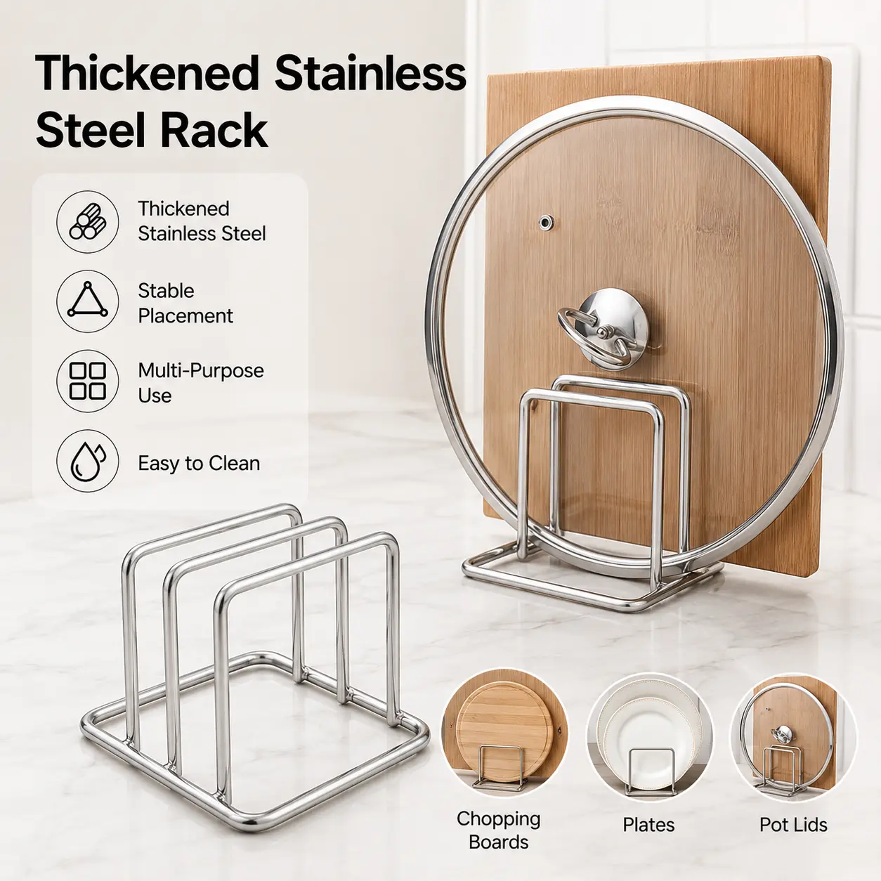 Stainless Steel Cutting Board Organiser, 1-Count Thickened Metal Frame Kitchen Countertop Storage Rack for Pot Lids and Chopping Boards