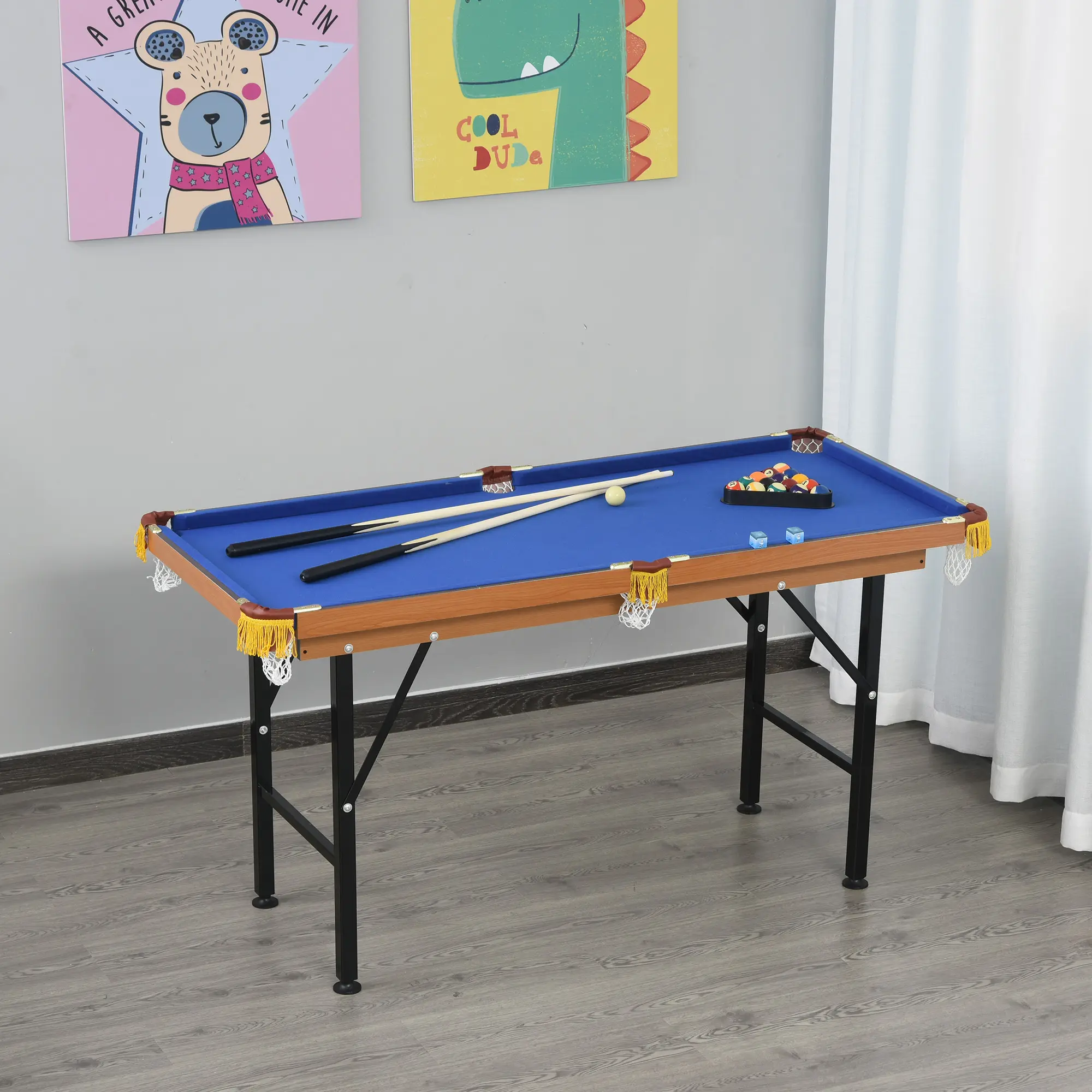 55" Portable Folding Billiards Table for Family Use, Complete with Cues, Balls, Rack, and Chalk, Blue Color Billiards & Snooker Table for Sports & Outdoor Activities