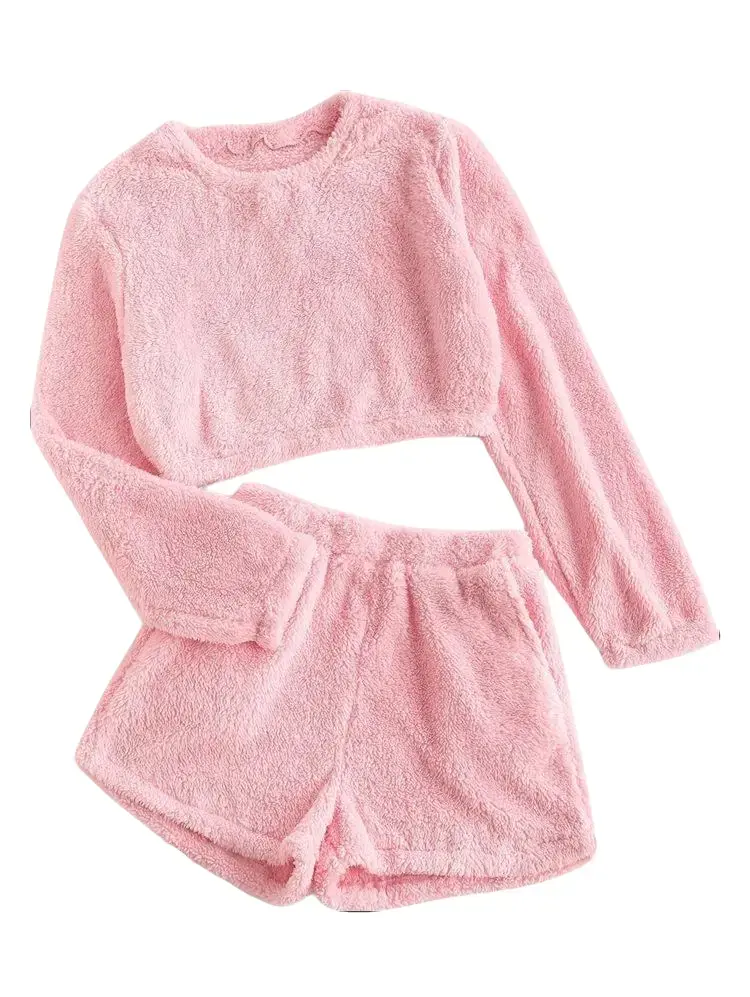 Women's 2-Piece Fuzzy Fleece Pajama Set - Round Neck Longsleeves Cropped Top & High Waist Shorts, Polyester Fitted Cut Warm Cozy Fall Winter Loungewear Sleepwear, Machine Washable, Solid Plain, Warm Fleece, Basic, Casual Wear, Above Knee