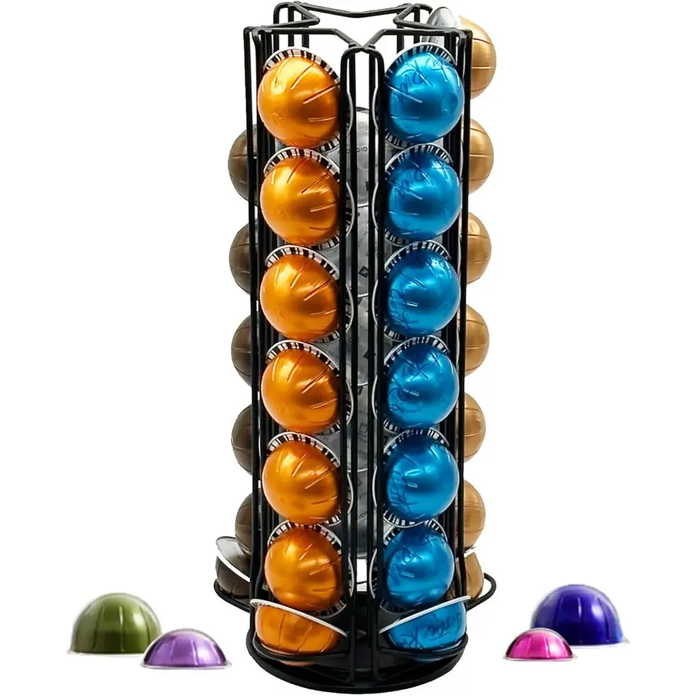 Black Vertuo Pod Carousel Stand for Nespresso Vertuo Capsules - 35-Capsule Coffee Storage Organizer with Extra Space for Coffee Mate, Silent Rolling, Coffee Making, 35 Capsules