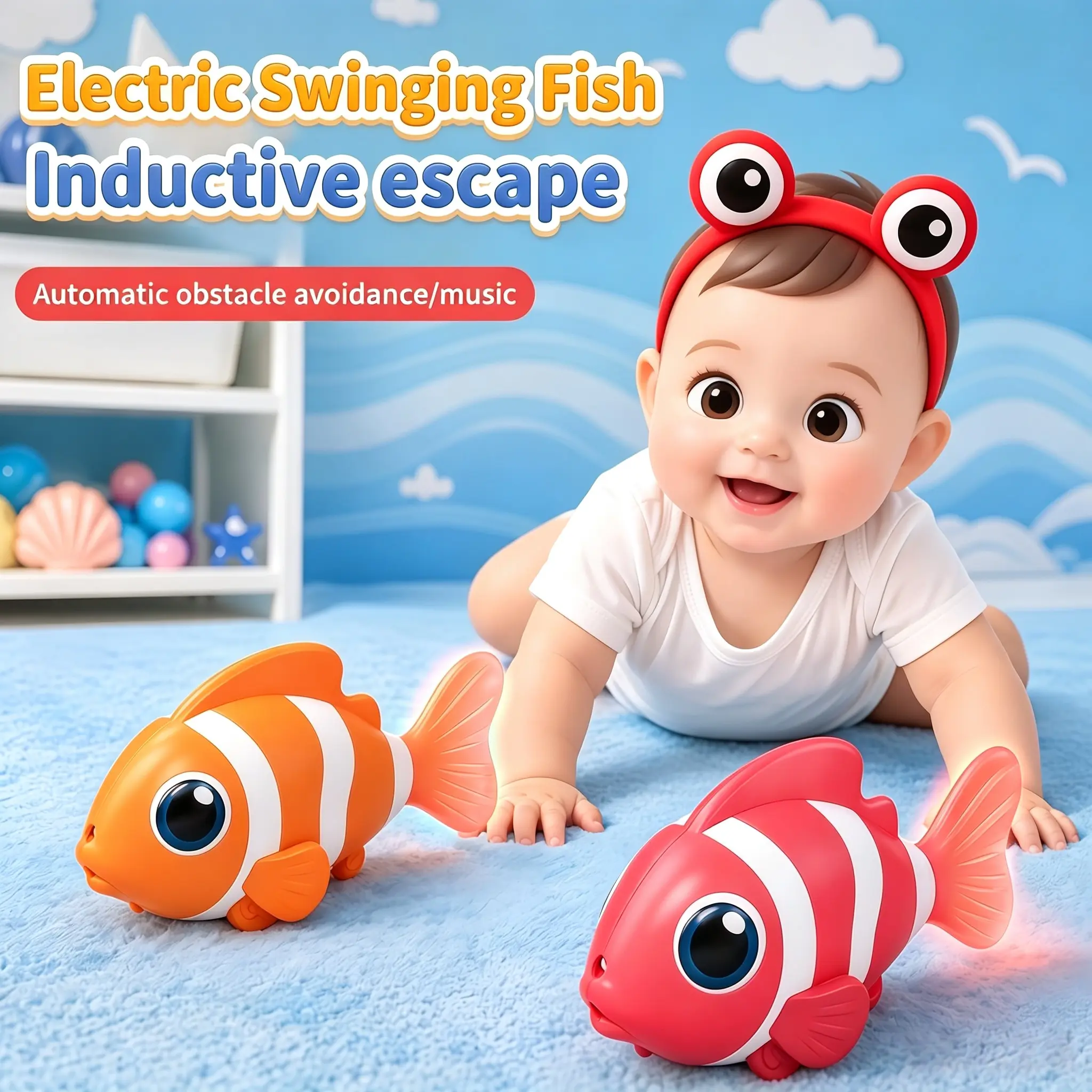 Crawling fish baby toy, suitable for crawling, walking, glowing music sensory baby toy, suitable for children to learn abdominal time, swinging fish crawling toy crawling, walking, dancing, good stuff package filling - baby birthday gift