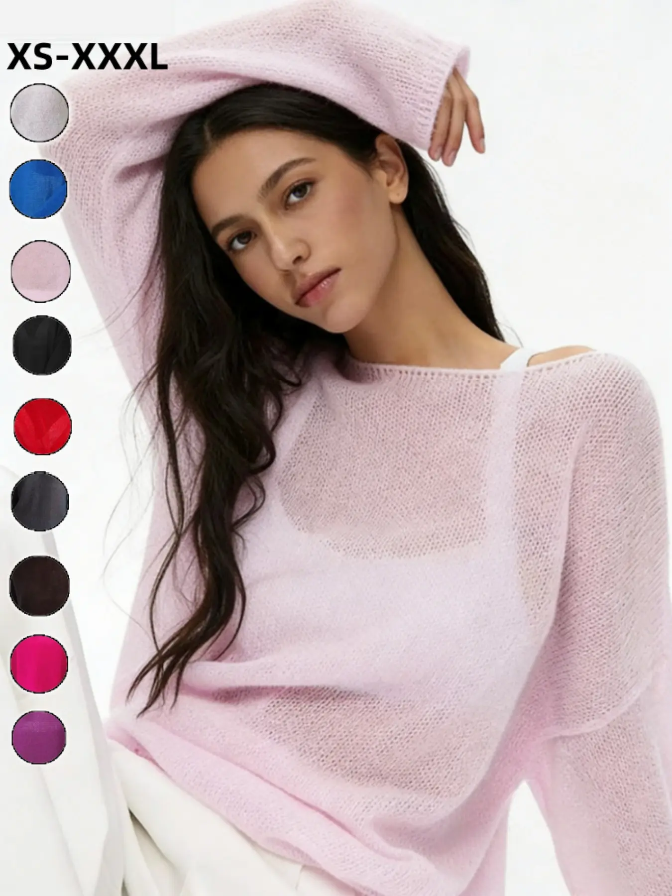 Women's Hollow-Out Knit Top Summer Breathable Beachwear Sun Protection, Loose Mesh Fabric, Sexy Round Neck Transparent Sweater,Can be worn with a bikini, Casual