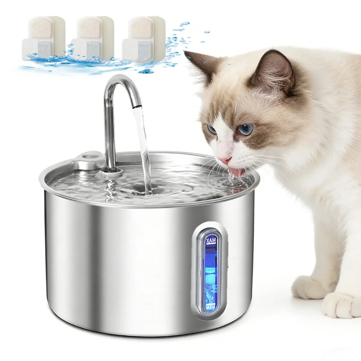 Cat Water Fountain, 2.2L/74oz Stainless Steel Automatic Pet Drinking Fountain with 3/7 Replacement Filters, Ultra-Quiet Design, Automatic Water Feeder