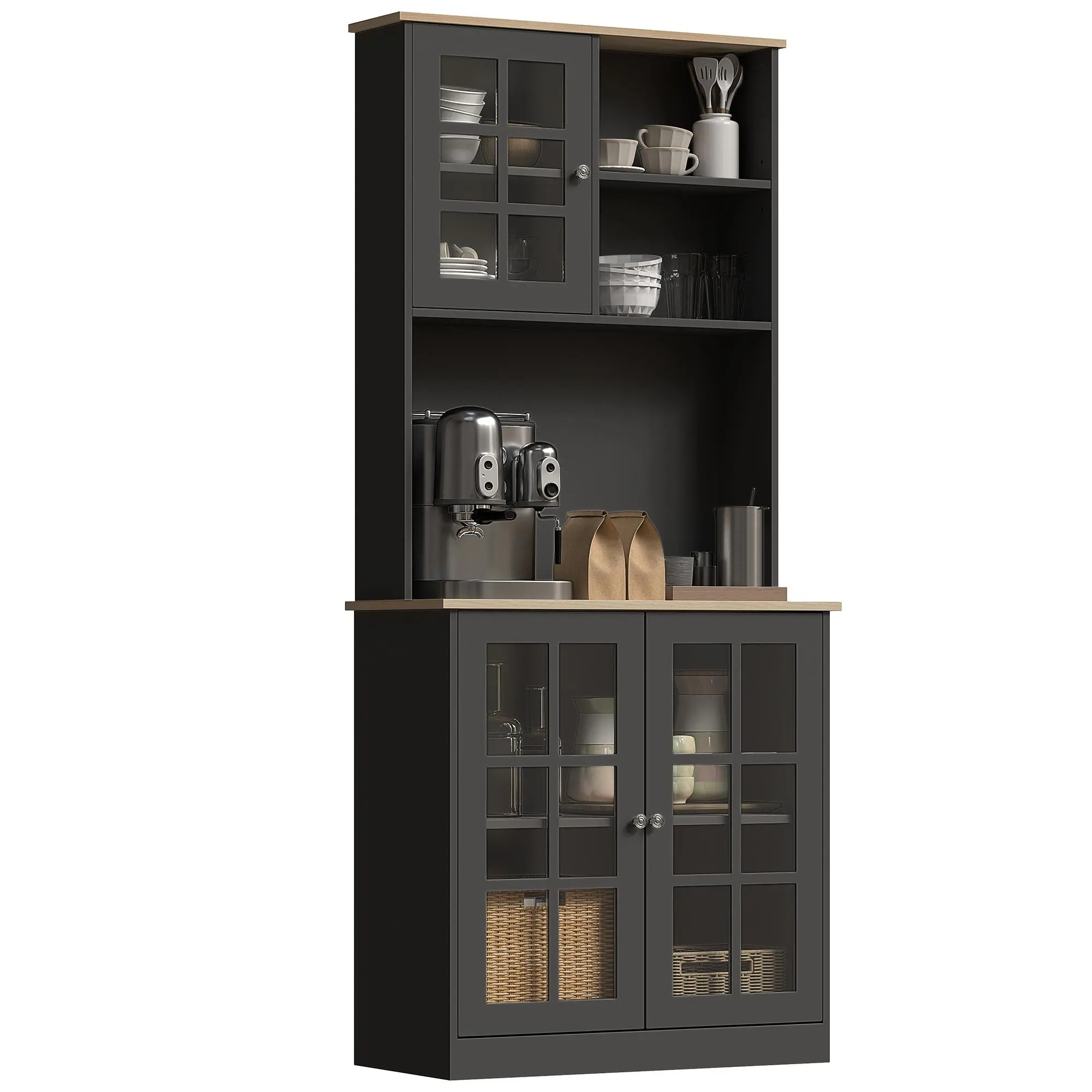 HOMCOM Kitchen Pantry Cabinet, 72" Freestanding Storage Cabinet with Hutch, Large Countertop, Glass Doors and Adjustable Shelves, Microwave Cabinet, Coffee Bar Cabinet for Dining Room, White