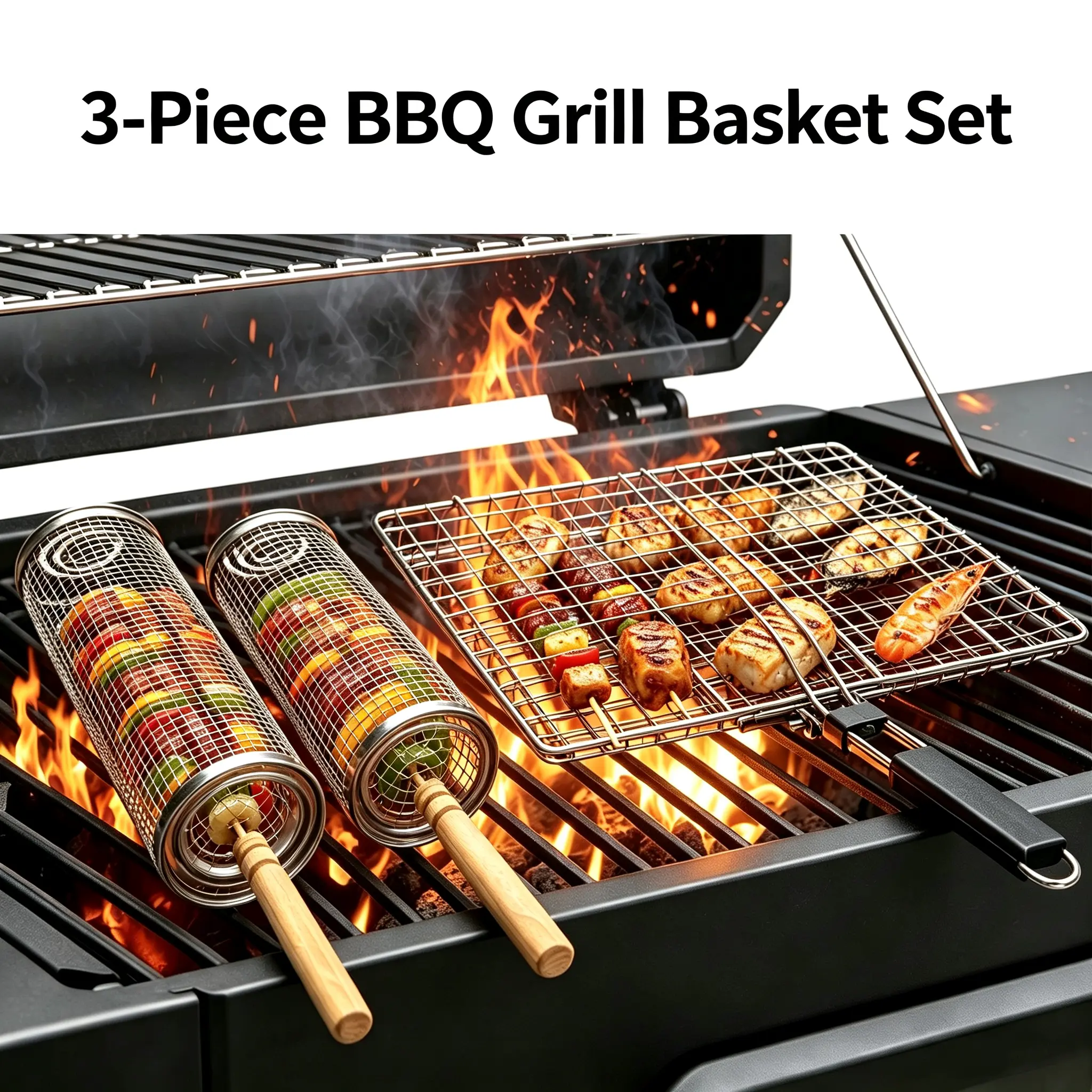 3-Piece Cylindrical Grill Basket Set, Heavy Duty 304 Stainless Steel BBQ Utensils with Detachable Beech Grip for Outdoor/Indoor Cooking, Includes Storage Bag - Gift for Men