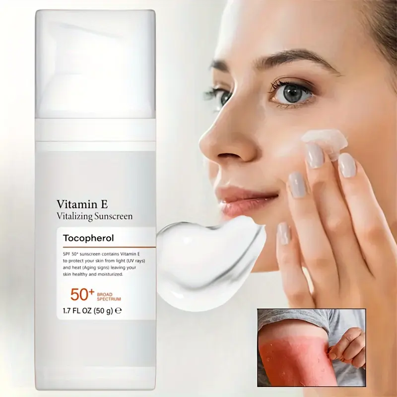 Vitamin E Facial Sunscreen SPF 50 PA+++, Lightweight Waterproof Sunscreen Lotion, Daily Repairing Formula for All Skin Types, Sunblock, Sun Cream, Hiking, Acne Prone
