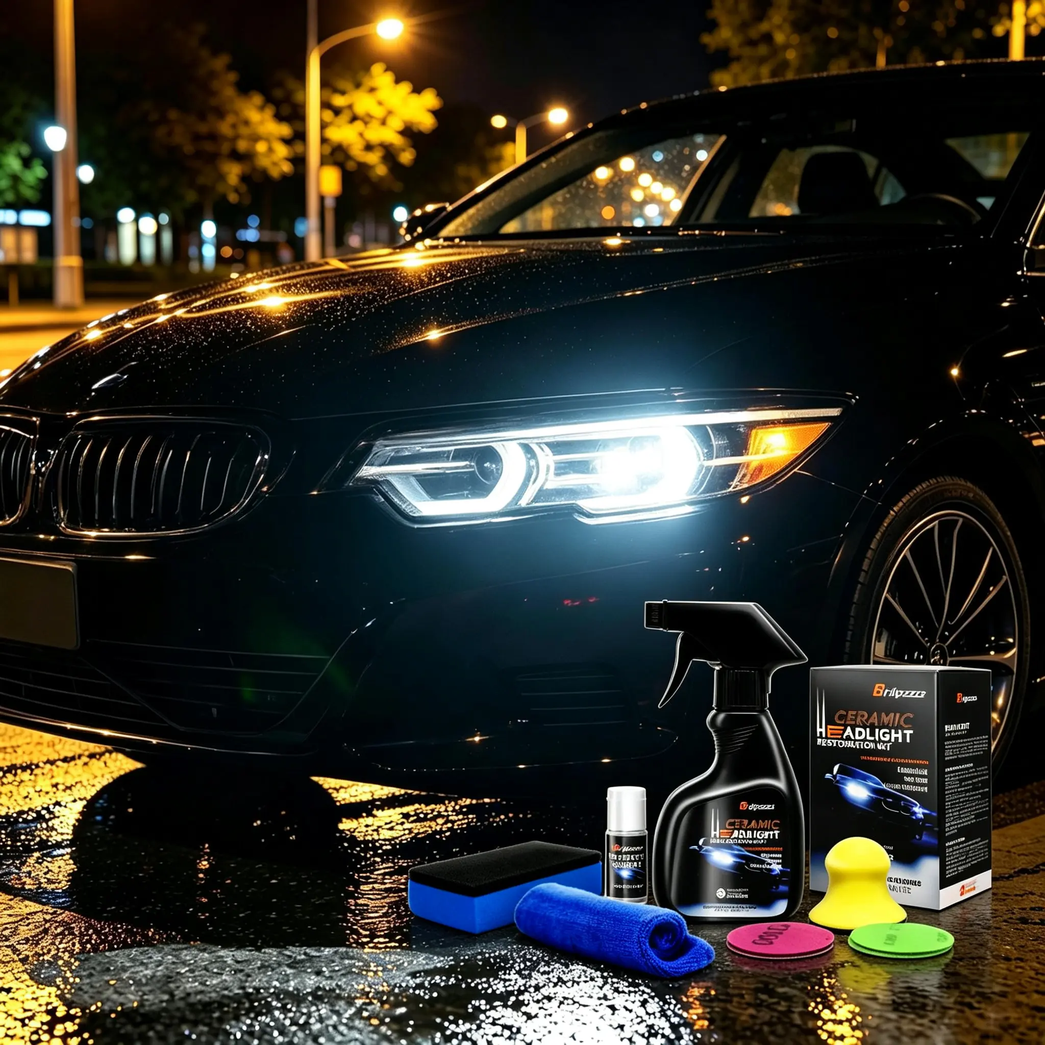 Headlight Restoration Kit - Quick Spray Crystal Coating Car Headlight Cleaner, Anti-Yellowing UV Protection Polish, Auto Care Accessories for Night Driving Safety & Vehicle Detailing