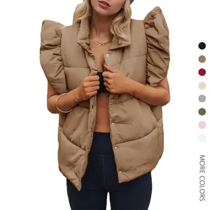 Danedvi Womens Puffer Vest Ruffle Sleeveless Button Down Winter Warm Padded Gilet Coats