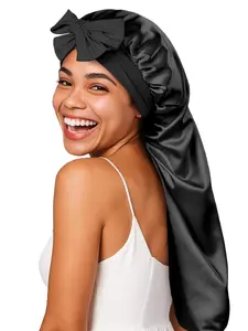Ladies' fashionable long tube elastic bonnet with tied bow, soft and comfortable fit, suitable for long hair, sleep hat, Sleep Bonnets