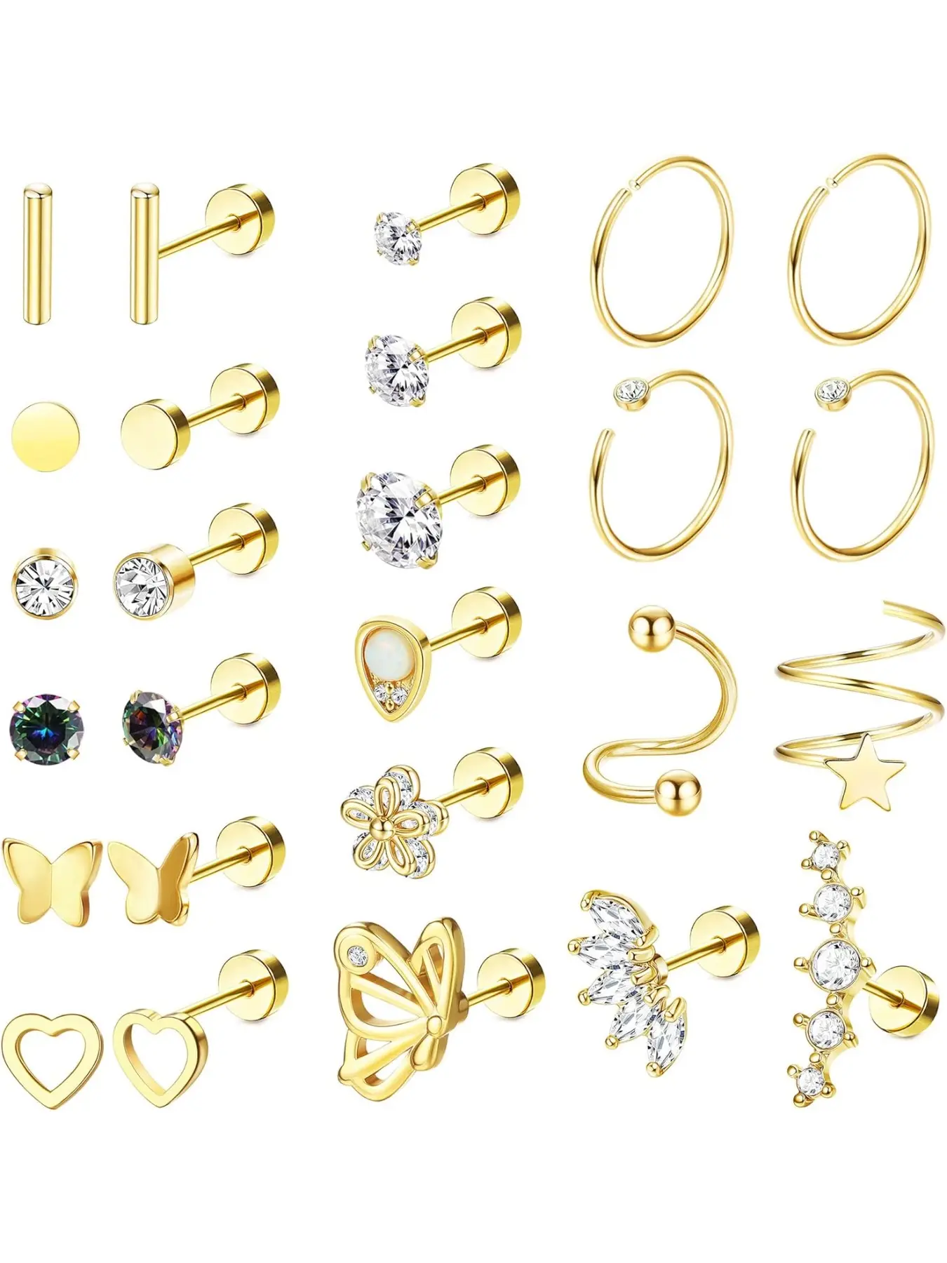 26pcs Surgical Steel Flat Back Earrings for Women, Flatback Stud Earrings, Multipack Cartilage Earring Studs, Flat Pierced Jewelry, Cz Heart Butterfly Helix Piercing Jewelry, Hypoallergenic Cartilage Earrings, 16g-20g