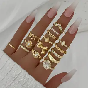 15 Pcs/Set European American INS Style Ring Set - Faux Pearl Flower Geometric Bowknot Rings - Stylish Bowknot Ring Set for Women, Perfect for Daily Wear, Vacation & Gifting