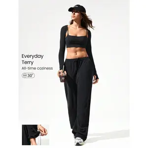 GLOWMODE Everyday Terry Two-Way Wear Adjustable Drawstring Waist Leg Cord Wide Leg Jogger Sweatpants With Side Pockets Daily Casual Wear